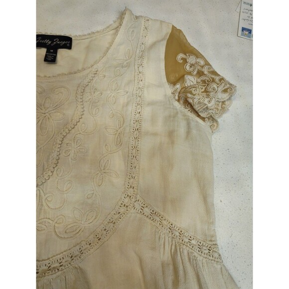 Gretty Zueger Blouse Women's Short Sleeve Tunic Lace burnout sleeves Ecru Medium - Picture 3 of 9